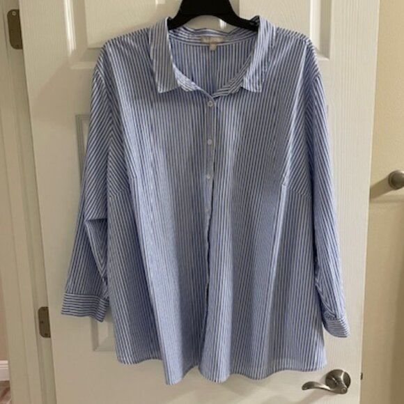 NWOT Women Within Blue & White Striped Long Sleeve Button-Down Shirt 5X - Picture 1 of 10